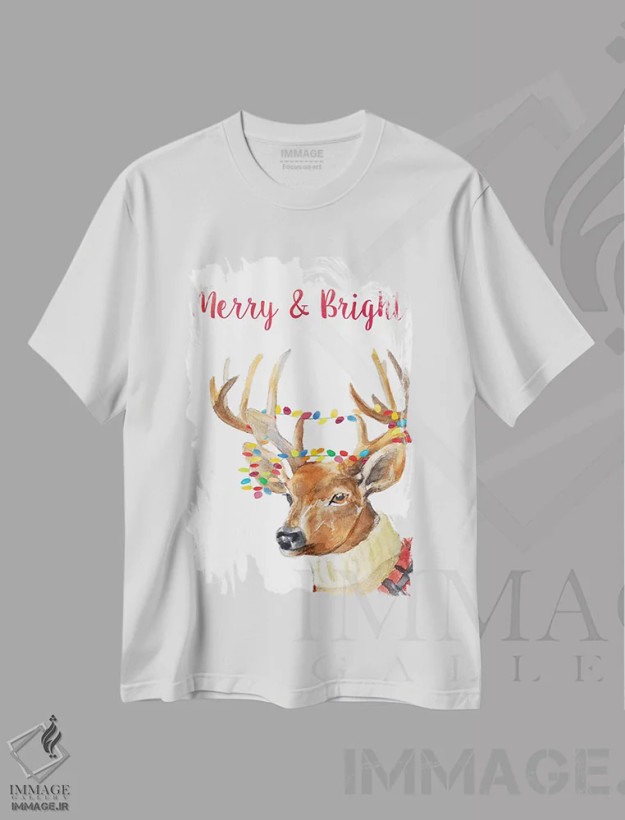 تیشرت سفید طرح دار "گوزن شمالی شاد و روشن"، حیوانات کریسمسی اثر لِینی لورث | فروشگاه ایماژ