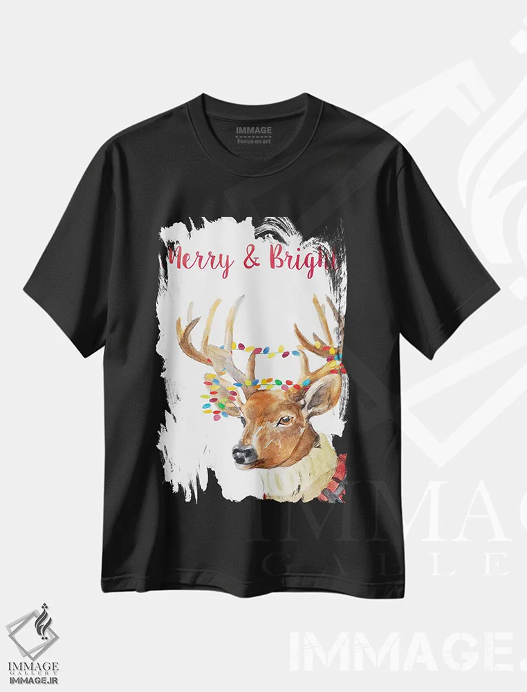 تیشرت مشکی طرح دار "گوزن شمالی شاد و روشن"، حیوانات کریسمسی اثر لِینی لورث | immage.ir