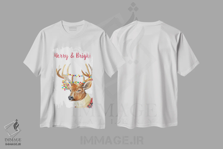 تیشرت سفید طرح دار "گوزن شمالی شاد و روشن"، حیوانات کریسمسی اثر لِینی لورث | فروشگاه ایماژ