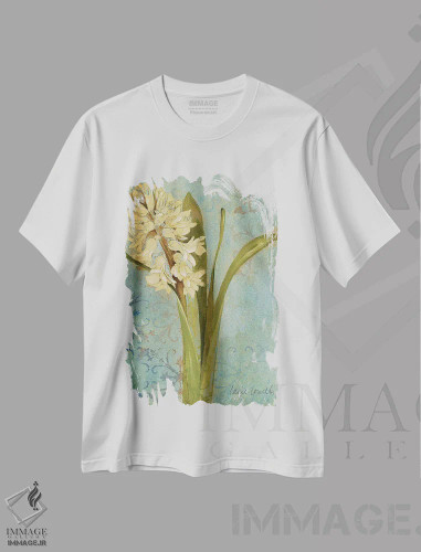 تیشرت سفید طرح دار "سنبل روی فیروزه ای I"، دکور معاصر اثر لِینی لورث | فروشگاه ایماژ