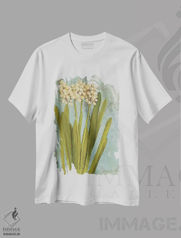 تیشرت سفید طرح دار "سنبل روی فیروزه ای II"، دکور معاصر اثر لِینی لورث | immage.ir