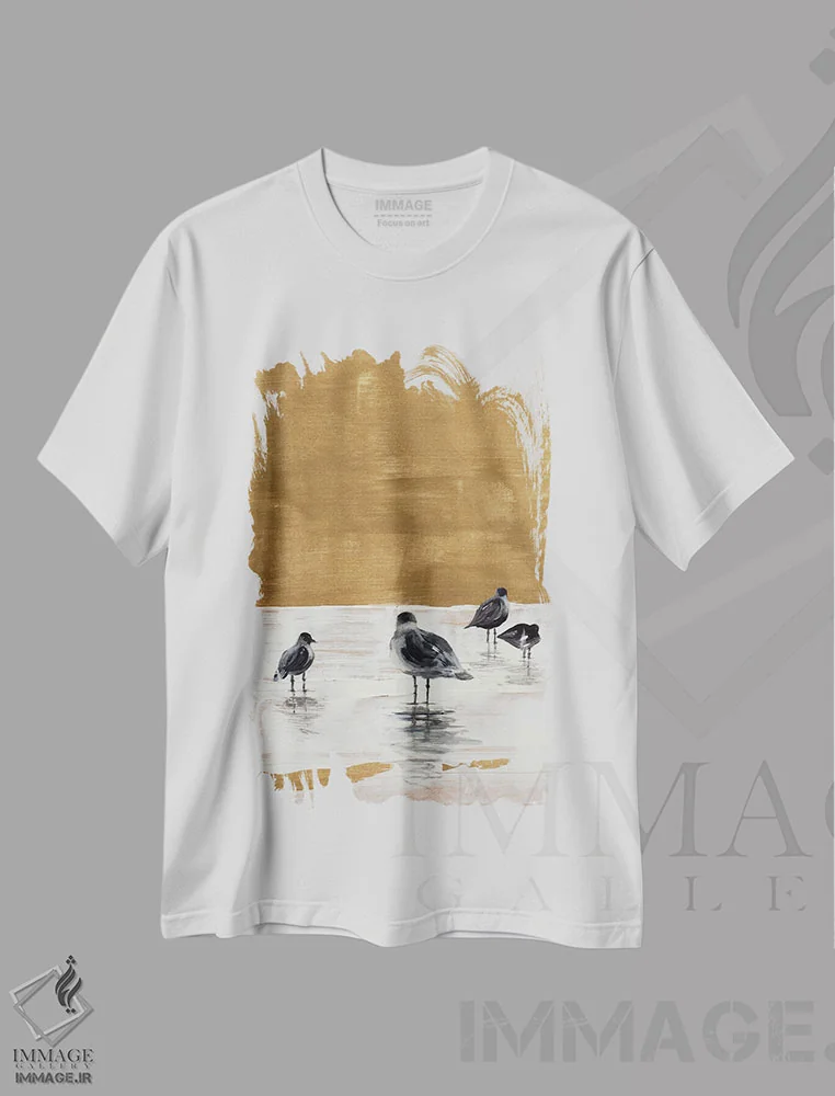 تیشرت سفید طرح دار "مرغان دریایی در حال استراحت"، دکور ساحلی اثر لِینی لورث | فروشگاه ایماژ