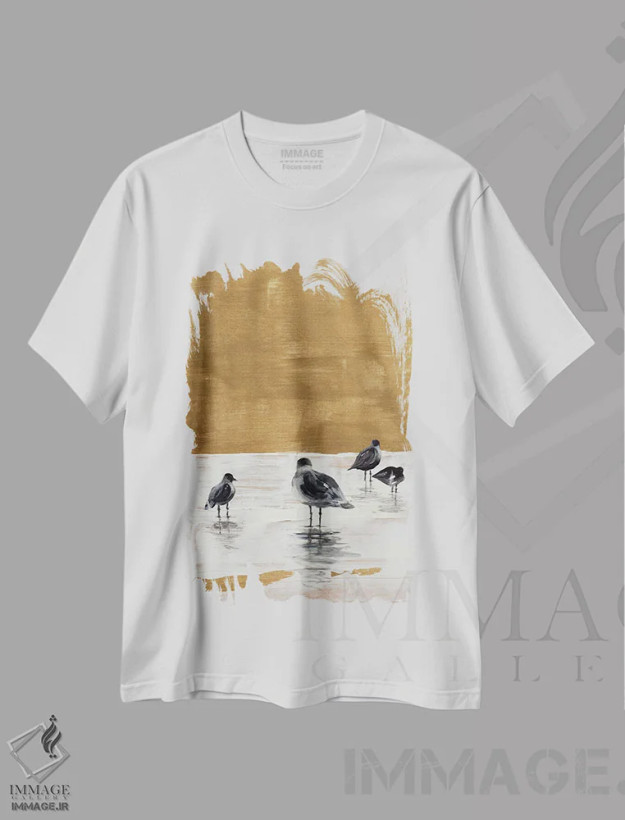 تیشرت سفید طرح دار "مرغان دریایی در حال استراحت"، دکور ساحلی اثر لِینی لورث | فروشگاه ایماژ