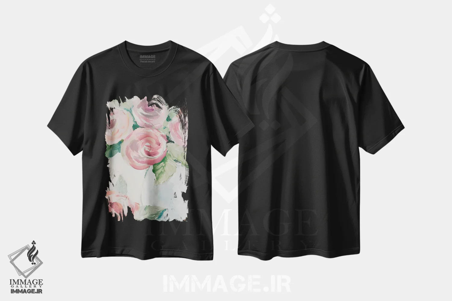 تیشرت مشکی طرح دار "شکوفه های بهاری صورتی I"، دکور معاصر اثر لِینی لورث | فروشگاه ایماژ