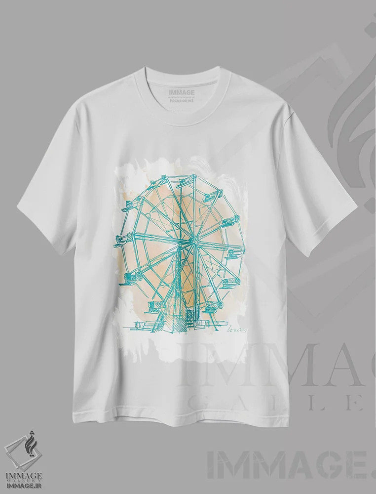 تیشرت سفید طرح دار "چرخ فلک فیروزه ای I"، دکور معاصر اثر لِینی لورث | فروشگاه ایماژ