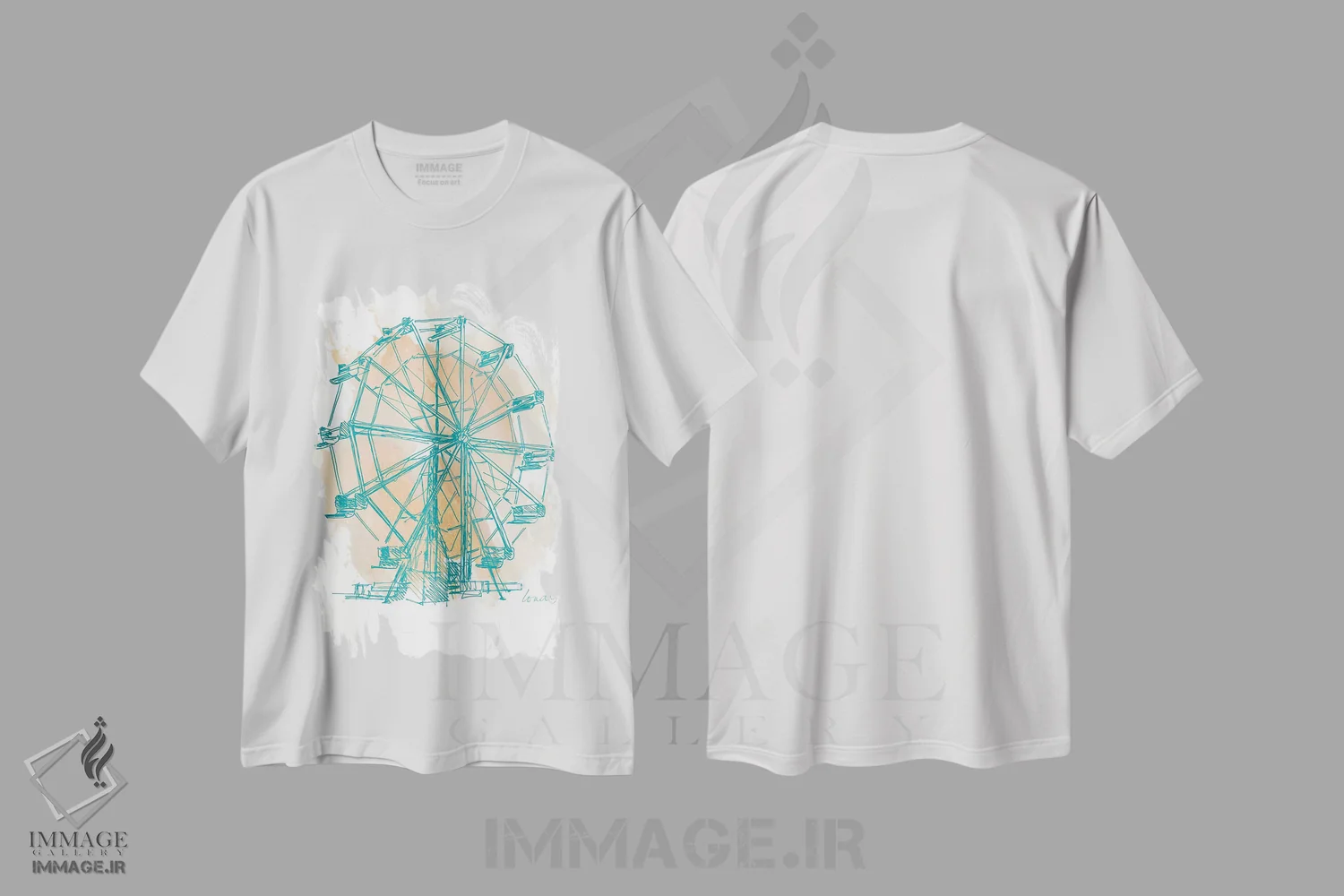 تیشرت سفید طرح دار "چرخ فلک فیروزه ای I"، دکور معاصر اثر لِینی لورث | فروشگاه ایماژ