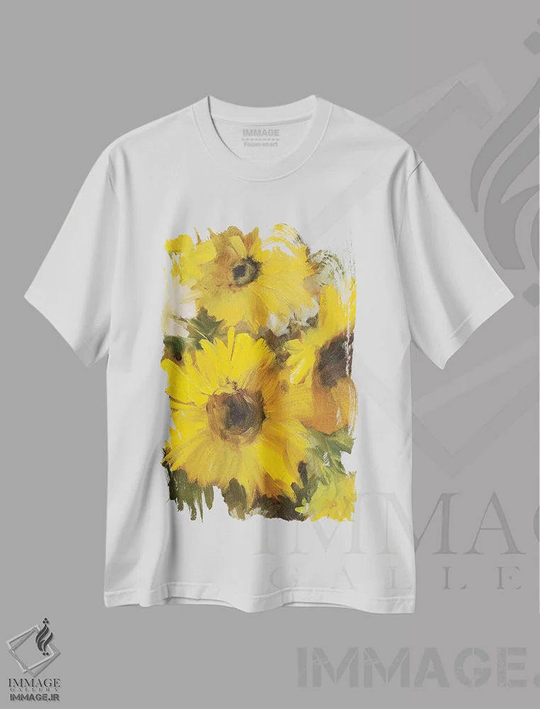 تیشرت سفید طرح دار "آفتابگردان های زرد روشن"، مدیوم اثر لِینی لورث | immage.ir