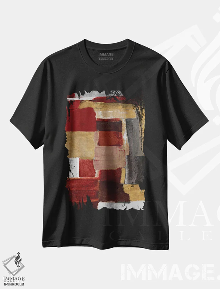 تیشرت مشکی طرح دار "نور قرمز و طلایی II" اثر لِینی لورث | فروشگاه ایماژ