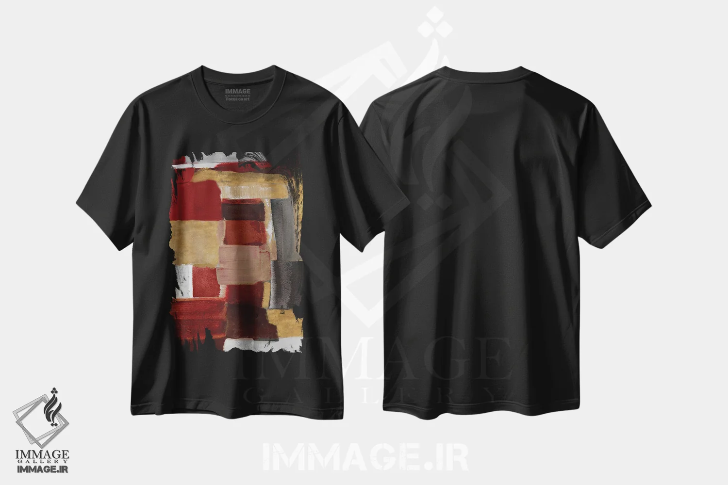 تیشرت مشکی طرح دار "نور قرمز و طلایی II" اثر لِینی لورث | فروشگاه ایماژ