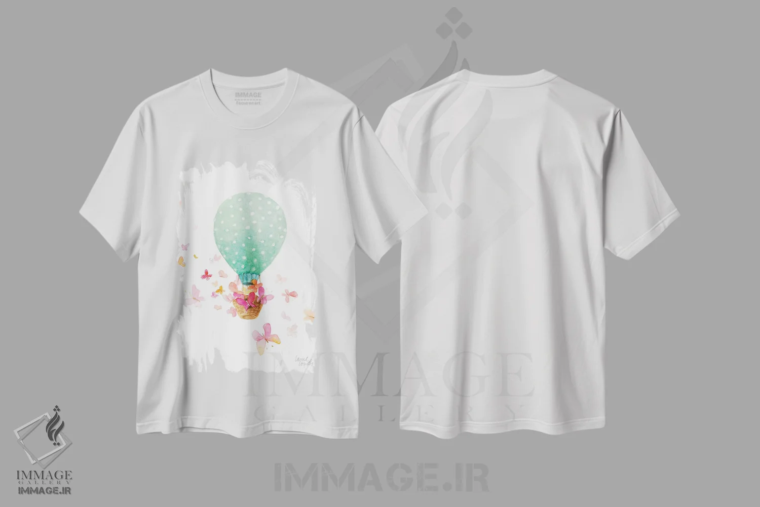 تیشرت سفید طرح دار "بالن هوای گرم با پروانه ها"، دکور معاصر اثر لِینی لورث | immage.ir