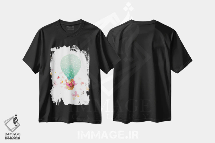 تیشرت مشکی طرح دار "بالن هوای گرم با پروانه ها"، دکور معاصر اثر لِینی لورث | فروشگاه ایماژ