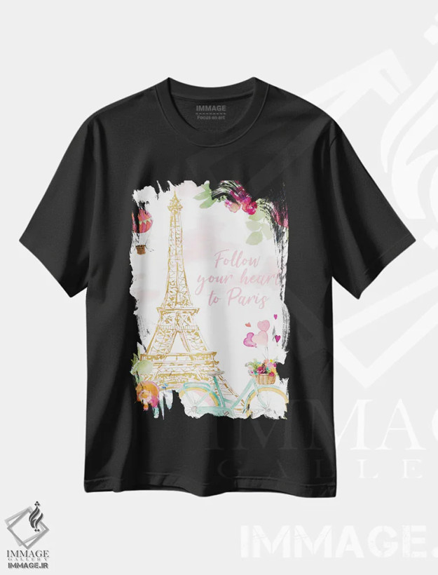 تیشرت مشکی طرح دار "دوچرخه سواری در پاریس"، دکور معاصر اثر لِینی لورث | فروشگاه ایماژ