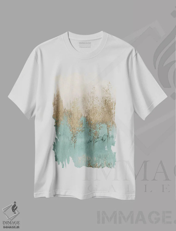 تیشرت سفید طرح دار "عبور از درختان طلایی انتزاعی II" اثر لِینی لورث | immage.ir