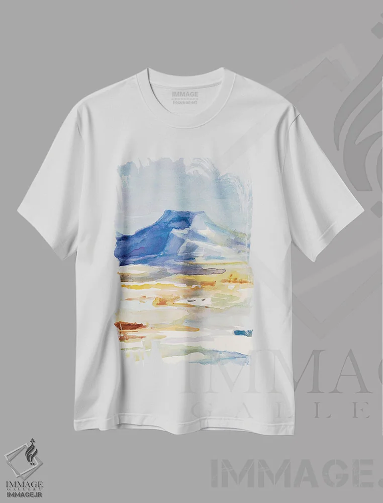 تیشرت سفید طرح دار "تپه آبیکی یو"، آبستره اثر لِینی لورث | فروشگاه ایماژ