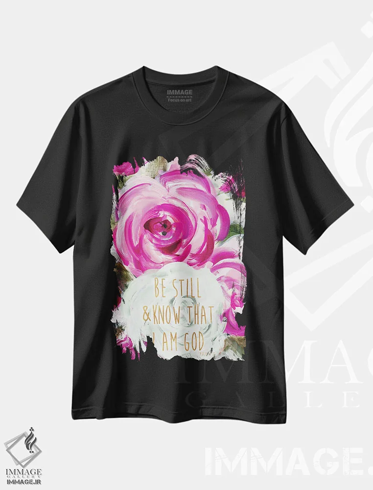 تیشرت مشکی طرح دار "آرام باش، باغ تابستانی"، دکور معاصر اثر لِینی لورث | فروشگاه ایماژ