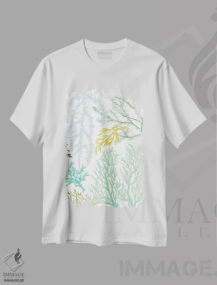 تیشرت سفید طرح دار "مرجان عمودی جوانه دار I"، دکور ساحلی اثر لِینی لورث | فروشگاه ایماژ