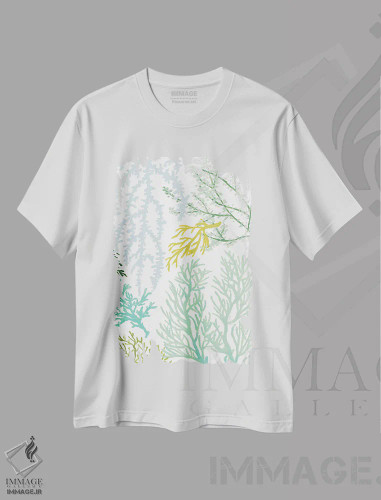 تیشرت سفید طرح دار "مرجان عمودی جوانه دار I"، دکور ساحلی اثر لِینی لورث | فروشگاه ایماژ