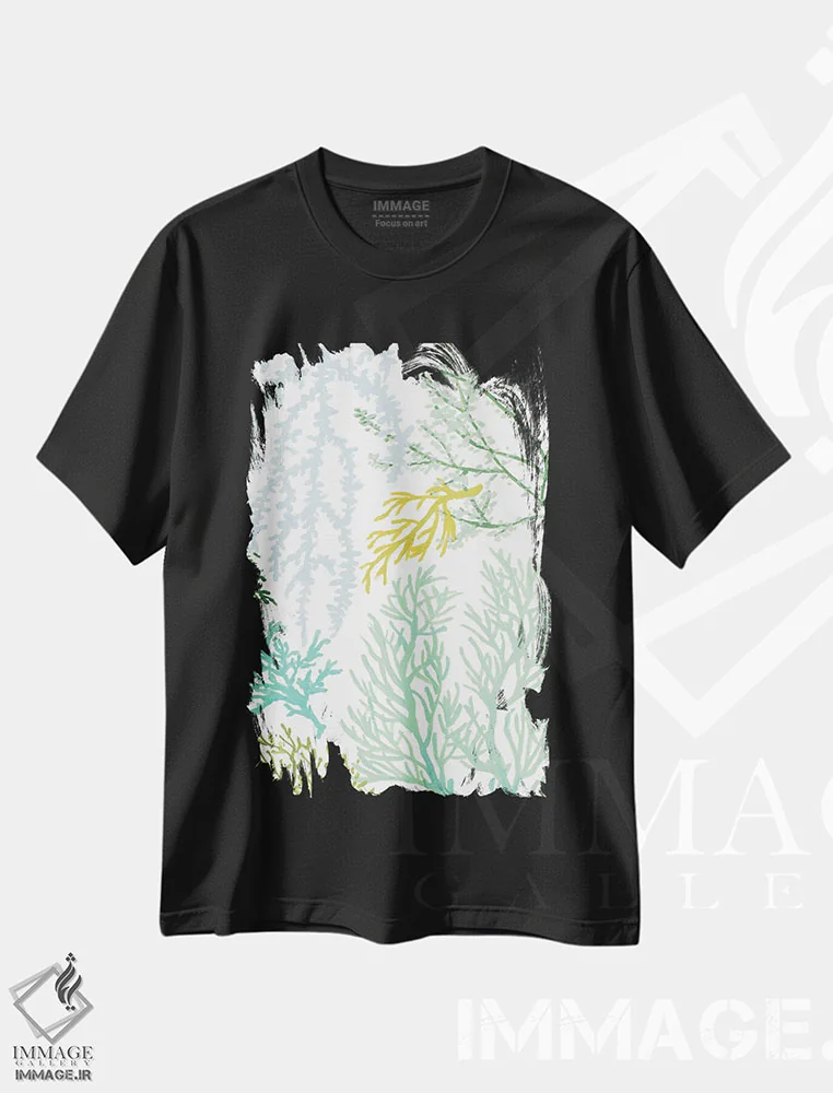 تیشرت مشکی طرح دار "مرجان عمودی جوانه دار I"، دکور ساحلی اثر لِینی لورث | immage.ir