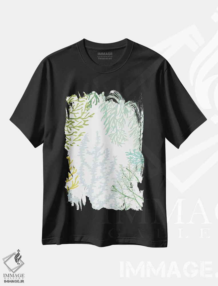 تیشرت مشکی طرح دار "مرجان عمودی جوانه دار II"، دکور ساحلی اثر لِینی لورث | فروشگاه ایماژ