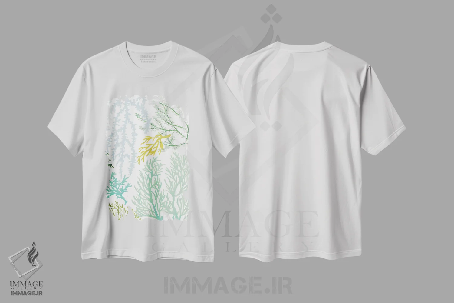 تیشرت سفید طرح دار "مرجان عمودی جوانه دار I"، دکور ساحلی اثر لِینی لورث | فروشگاه ایماژ