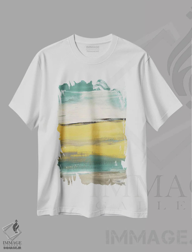 تیشرت سفید طرح دار "دشت های هموار آبی مایل به سبز" اثر لِینی لورث | فروشگاه ایماژ