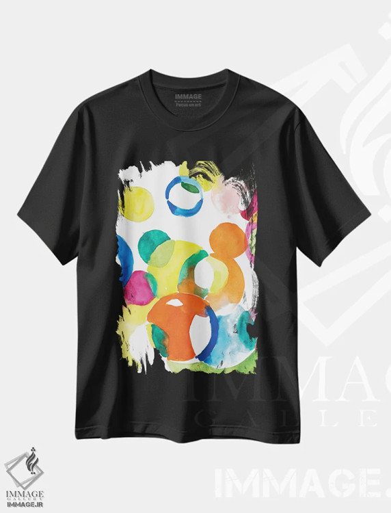 تیشرت مشکی طرح دار "دایره های رنگارنگ"، آبستره اثر لِینی لورث | فروشگاه ایماژ