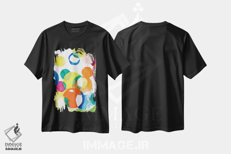 تیشرت مشکی طرح دار "دایره های رنگارنگ"، آبستره اثر لِینی لورث | فروشگاه ایماژ