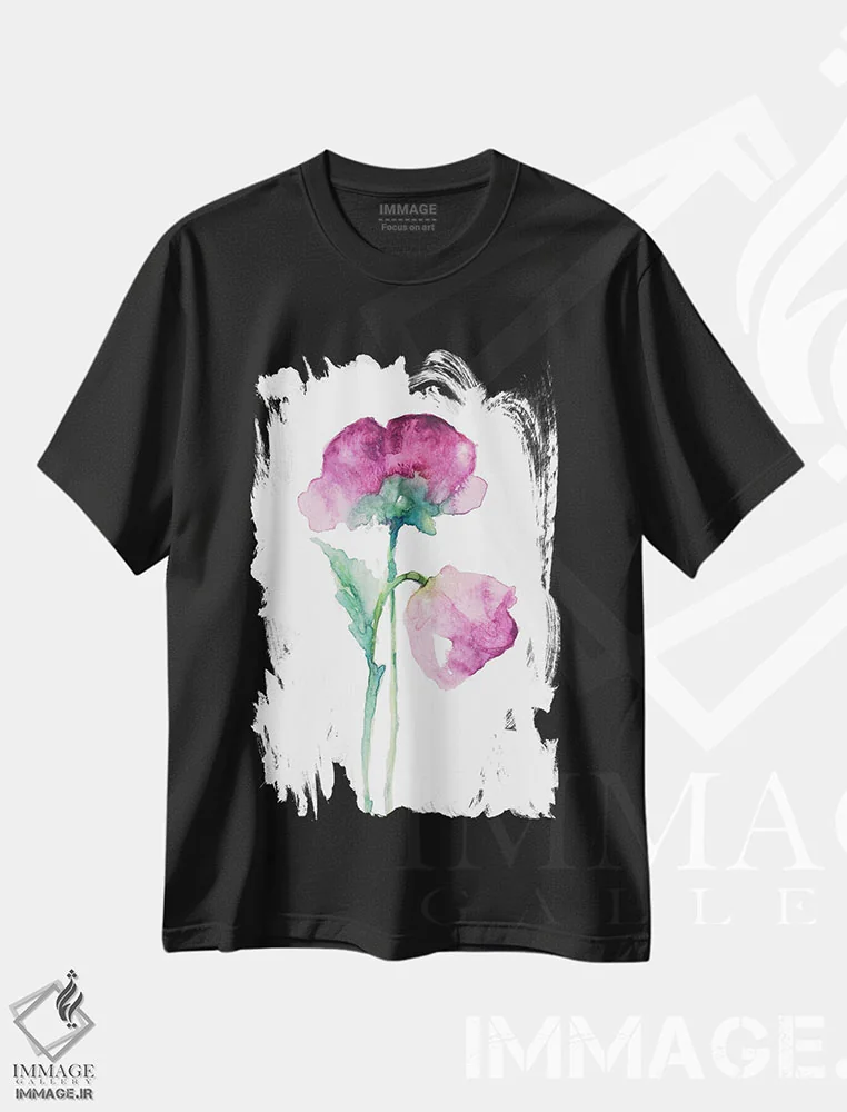 تیشرت مشکی طرح دار "لاله فوچیا و غنچه ارکیده"، دکور معاصر اثر لِینی لورث | فروشگاه ایماژ