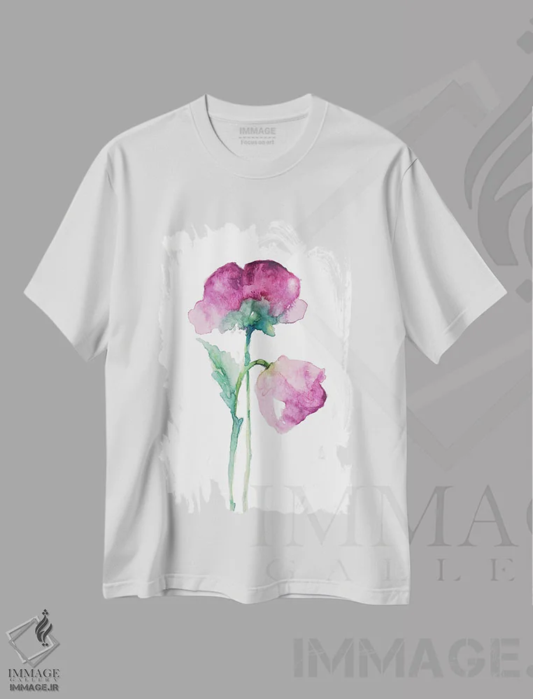 تیشرت سفید طرح دار "لاله فوچیا و غنچه ارکیده"، دکور معاصر اثر لِینی لورث | immage.ir