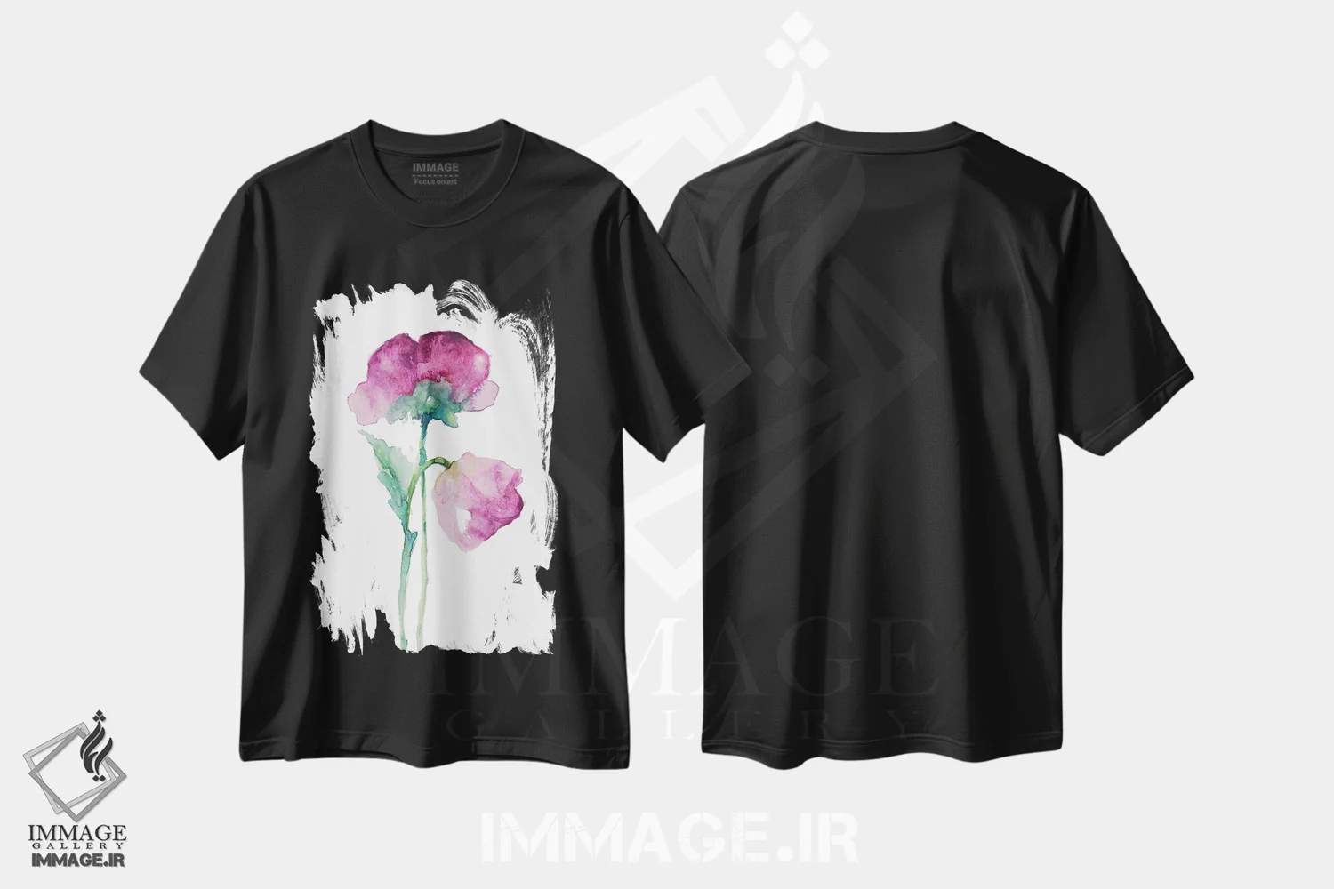 تیشرت مشکی طرح دار "لاله فوچیا و غنچه ارکیده"، دکور معاصر اثر لِینی لورث | فروشگاه ایماژ