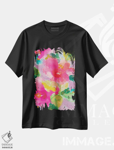 تیشرت مشکی طرح دار "هیبیسکوس آوریل"، آبستره اثر لِینی لورث | فروشگاه ایماژ