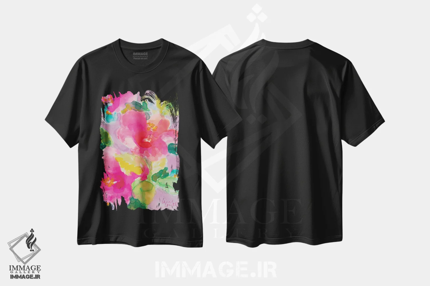 تیشرت مشکی طرح دار "هیبیسکوس آوریل"، آبستره اثر لِینی لورث | فروشگاه ایماژ