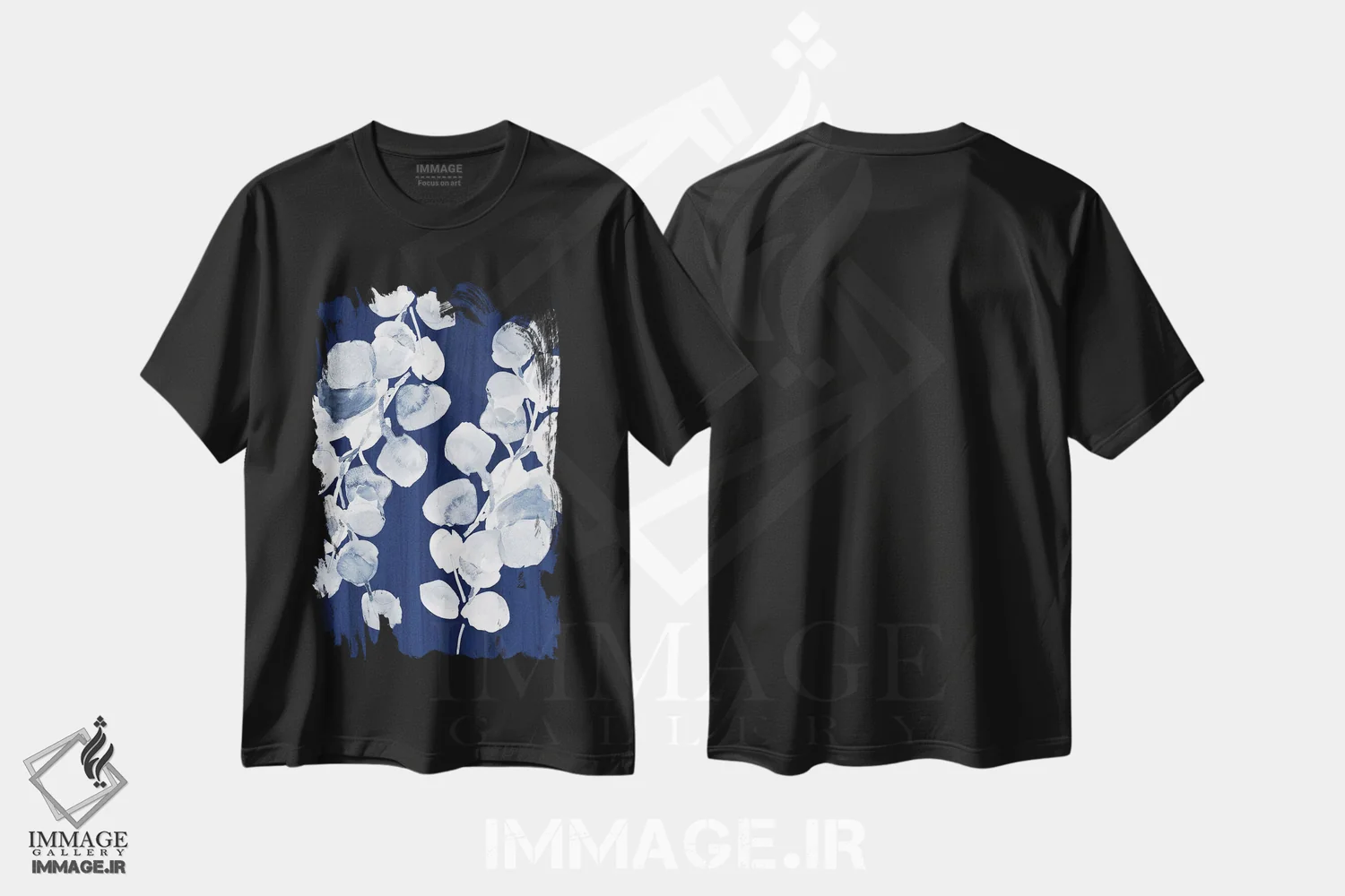 تیشرت مشکی طرح دار "برگ های اکالیپتوس روی سرمه ای"، آبستره اثر لِینی لورث | فروشگاه ایماژ