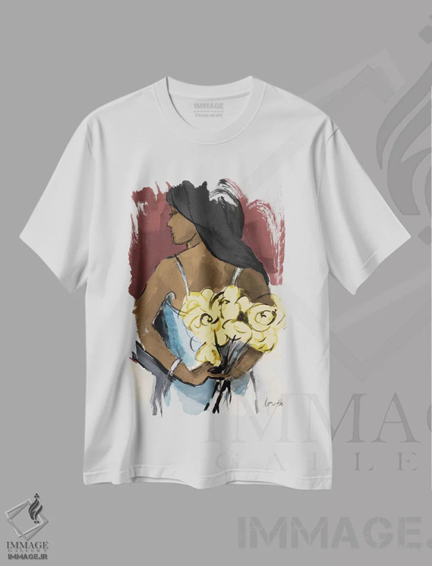 تیشرت سفید طرح دار "دختری با رزهای زرد"، هنر آمریکایی آفریقایی تبار اثر لِینی لورث | فروشگاه ایماژ