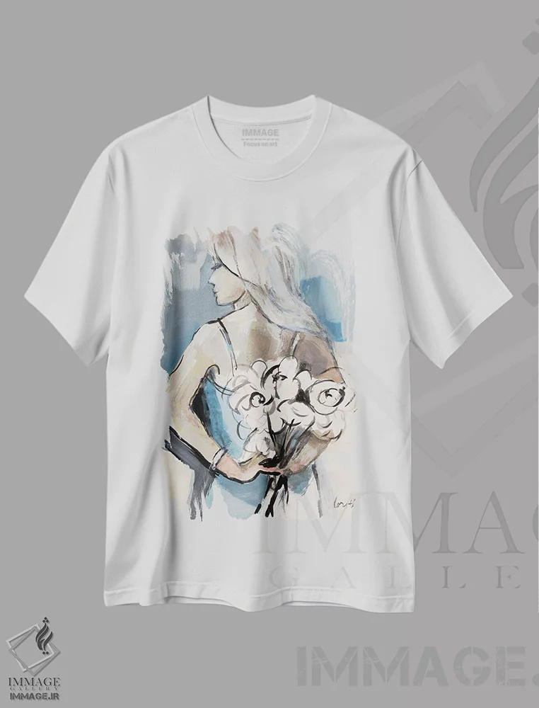 تیشرت سفید طرح دار "دختری با گل ها"، دکور بوهمی اثر لِینی لورث | immage.ir