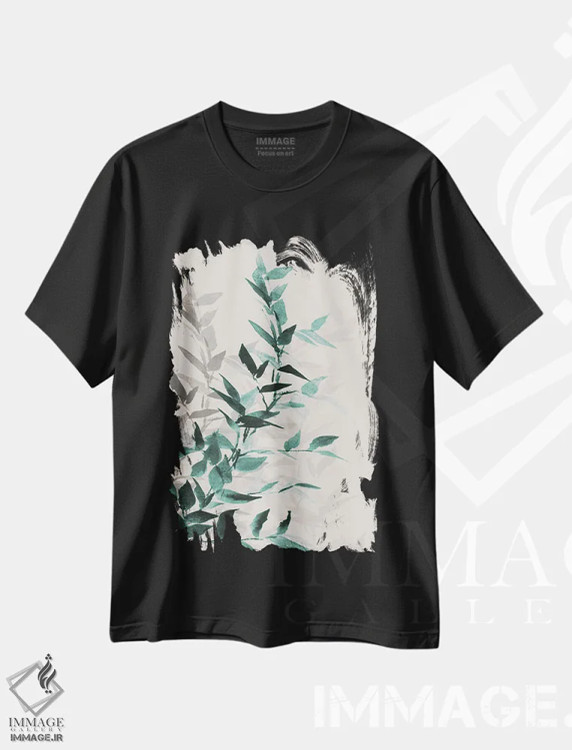 تیشرت مشکی طرح دار "برگ های سبز تونال I"، دکور بوهمی اثر لِینی لورث | فروشگاه ایماژ