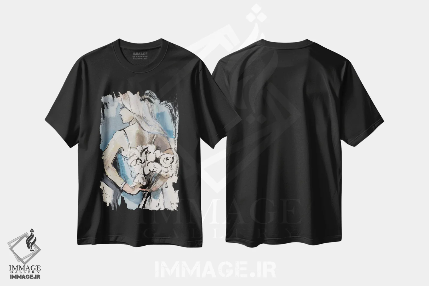 تیشرت مشکی طرح دار "دختری با گل ها"، دکور بوهمی اثر لِینی لورث | فروشگاه ایماژ
