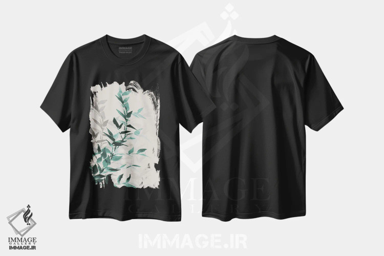 تیشرت مشکی طرح دار "برگ های سبز تونال I"، دکور بوهمی اثر لِینی لورث | فروشگاه ایماژ