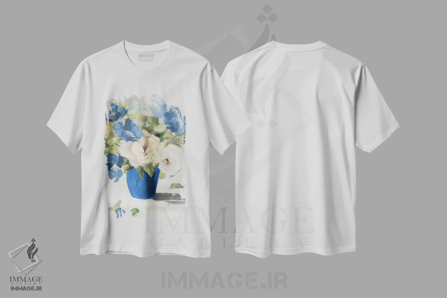 تیشرت سفید طرح دار "سایه های گل آبی"، آبستره اثر لِینی لورث | immage.ir