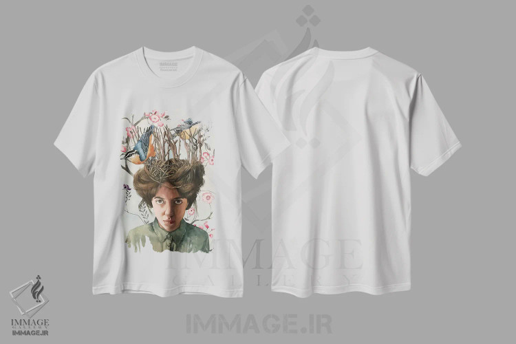 تیشرت سفید طرح دار "لانه پرندگان"، هنر فاخر معاصر اثر لیزا لنون | فروشگاه ایماژ