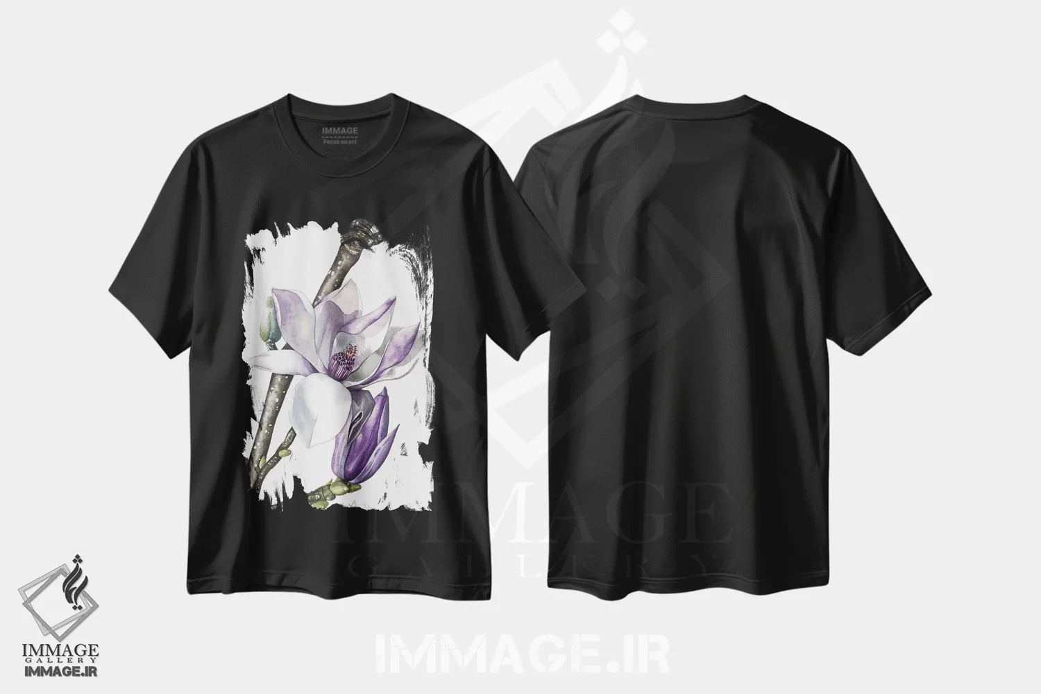 تیشرت مشکی طرح دار "مگنولیا"، هنر فاخر معاصر اثر لیزا لنون | فروشگاه ایماژ