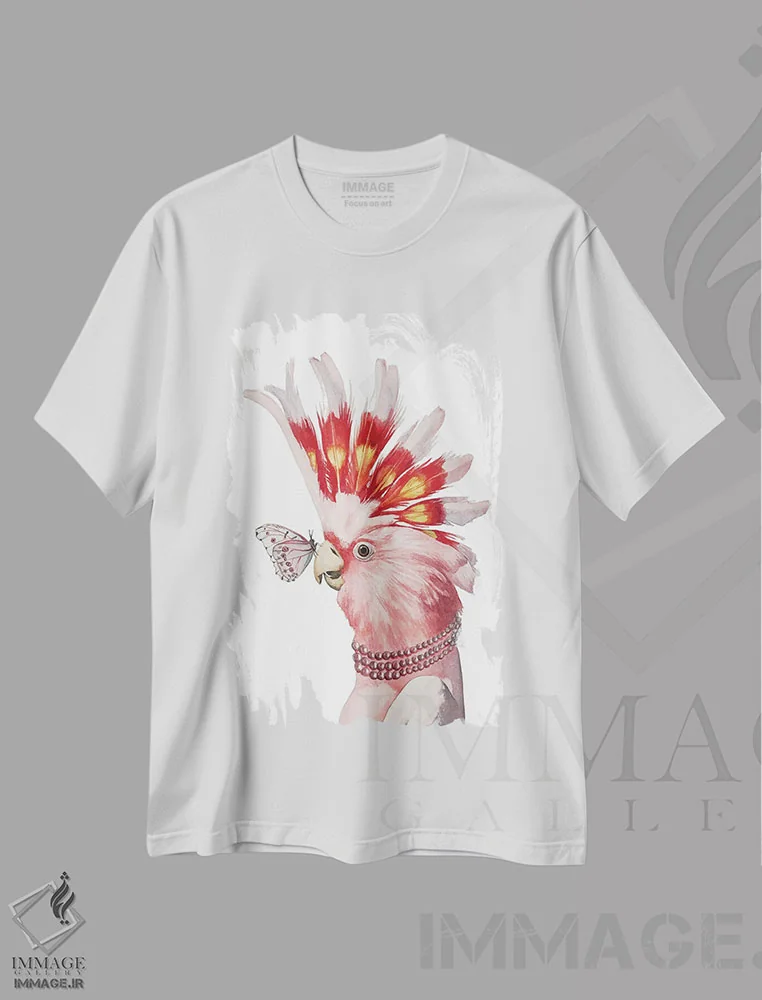 تیشرت سفید طرح دار "کاکاتوی صورتی"، هنر فاخر معاصر اثر لیزا لنون | فروشگاه ایماژ