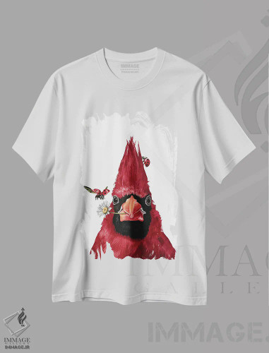 تیشرت سفید طرح دار "مرغ سینه سرخ و دوستان"، هنر فاخر معاصر اثر لیزا لنون | فروشگاه ایماژ