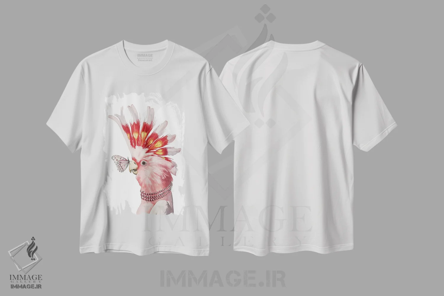 تیشرت سفید طرح دار "کاکاتوی صورتی"، هنر فاخر معاصر اثر لیزا لنون | فروشگاه ایماژ