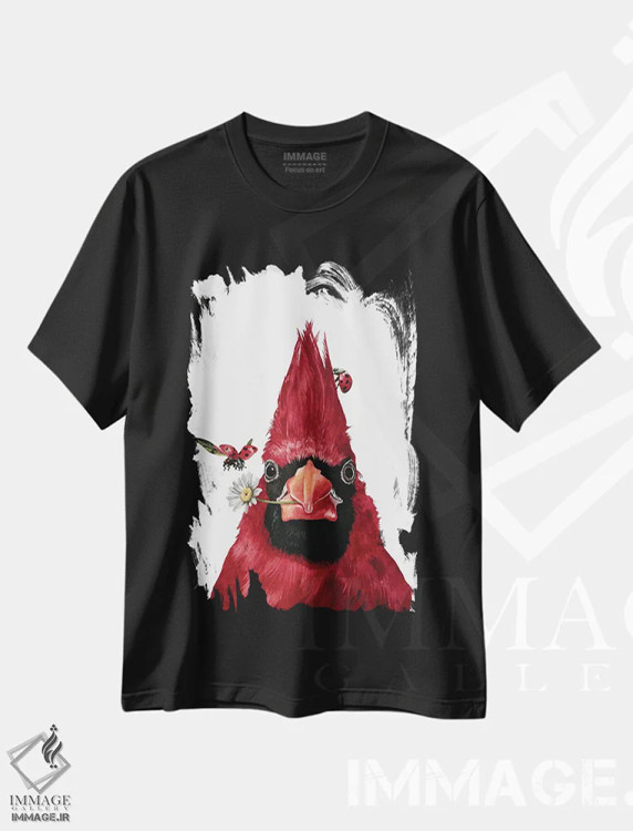 تیشرت مشکی طرح دار "مرغ سینه سرخ و دوستان"، هنر فاخر معاصر اثر لیزا لنون | immage.ir
