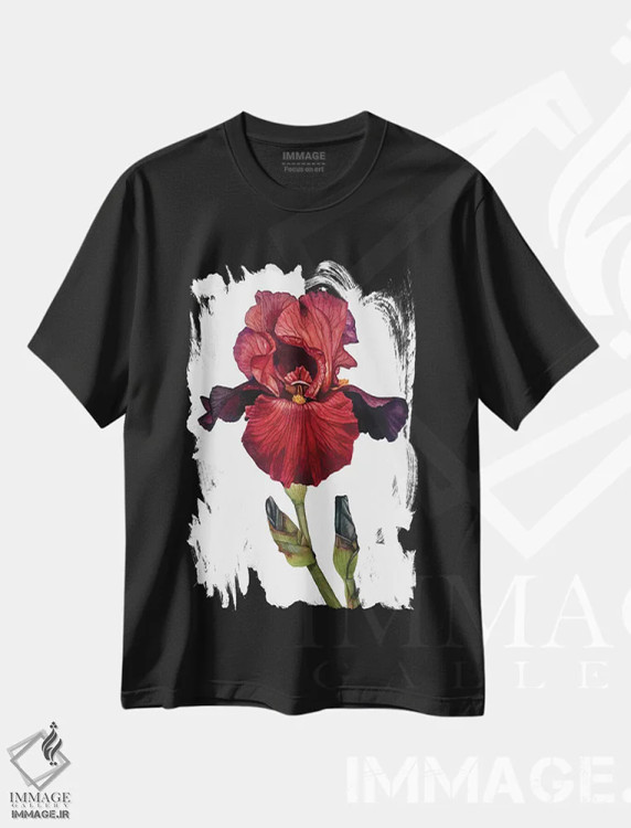 تیشرت مشکی طرح دار "زنبق قرمز"، هنر فاخر معاصر اثر لیزا لنون | فروشگاه ایماژ