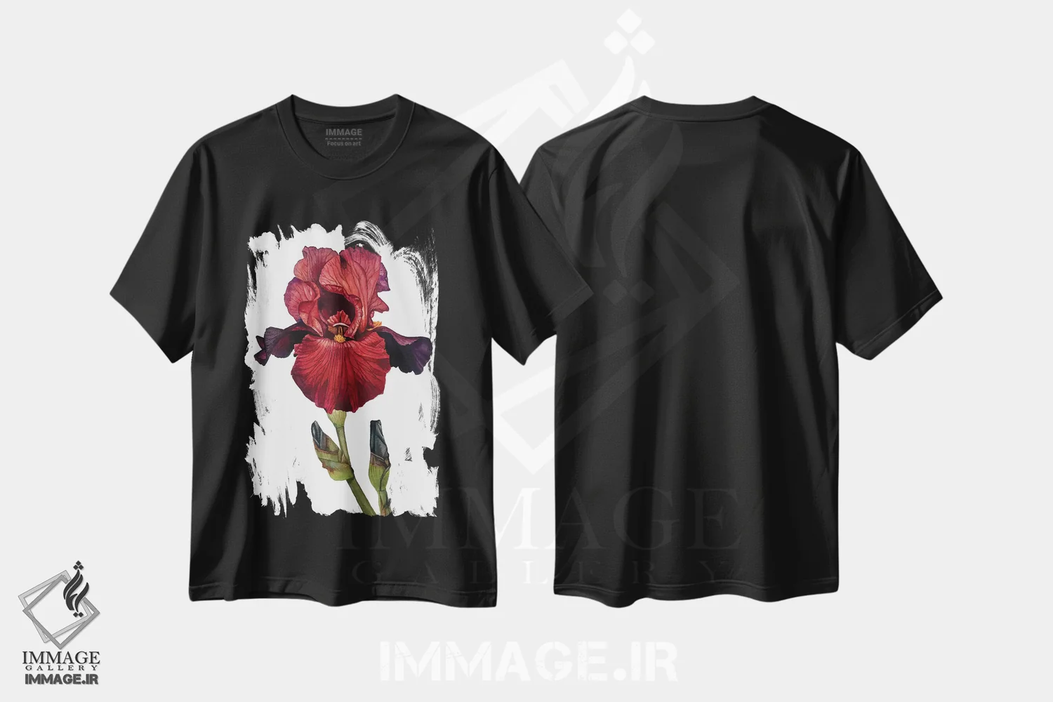 تیشرت مشکی طرح دار "زنبق قرمز"، هنر فاخر معاصر اثر لیزا لنون | فروشگاه ایماژ
