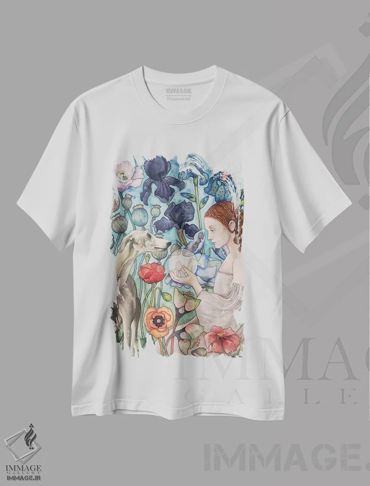 تیشرت سفید طرح دار "همراه"، هنر فاخر معاصر اثر لیزا لنون | فروشگاه ایماژ
