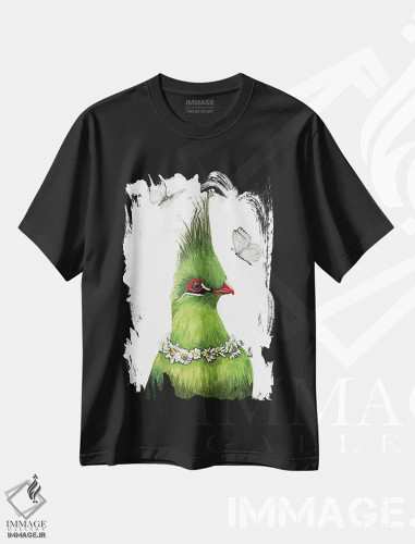 تیشرت مشکی طرح دار "پرنده سبز"، هنر فاخر معاصر اثر لیزا لنون | فروشگاه ایماژ