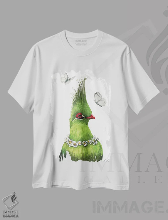 تیشرت سفید طرح دار "پرنده سبز"، هنر فاخر معاصر اثر لیزا لنون | immage.ir